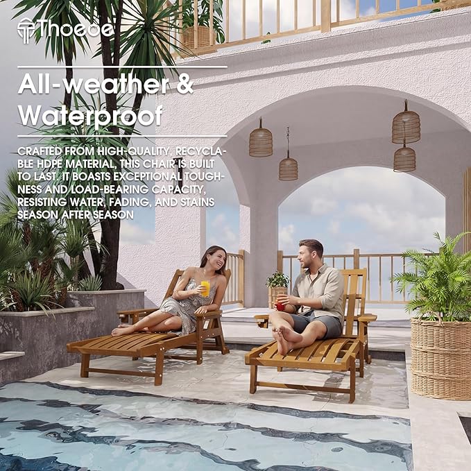 THOEOE Patio Chaise Lounge Chair, Oversized Lounge Chair Outdoor with 5 Positions, HDPE, Patio Lounge Chair with Wheels & Cup Holder for Pool, Deck, Poolside,Wood