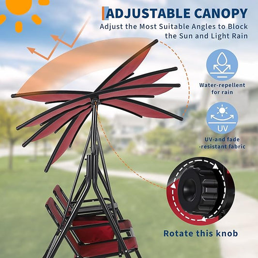 Porch Swing with Cup Holders & Pivot Storage Table & Cooler Bag with Adjustable Canopy for 2 Person Patio Swing for Backyard Balcony Poolside Red