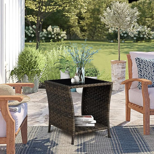 Outdoor Wicker Side Table Rattan Side Tables End Table for Patio with Glass Top Rattan Storage for Patio Garden Balcony