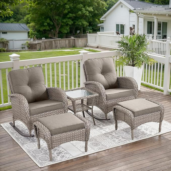 Belord 5 Piece Patio Rocking Chairs Furniture Set - Outdoor Wicker Furniture with Ottomans and Side Table - Photo 1