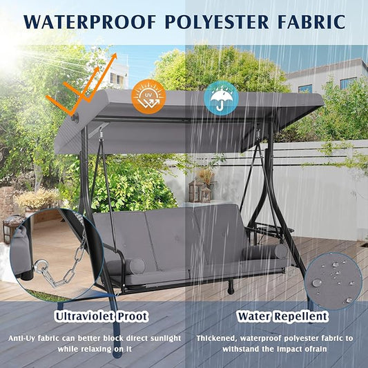 Grepatio 3-Seat Outdoor Porch Swing with Adjustable Canopy, 3 Person Convertible Porch Swing Bed with Stand, Heavy Duty Patio Swing with Cup Holder and Pillows, Cushion for Garden, Poolside (Grey)