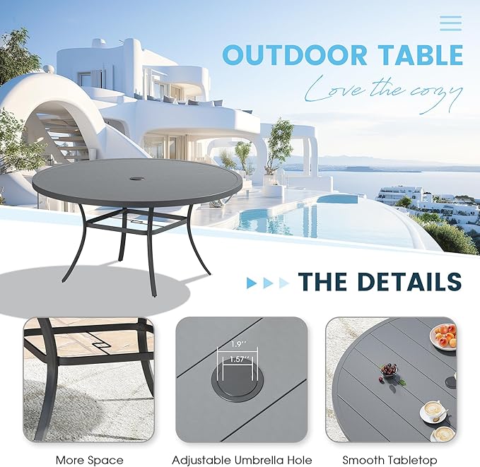 Patio Dining Table for 6-8, Round Metal Outdoor Table with 1.57" Umbrella Hole, 50" Outdoor Slat Tabletop Dining Table for Backyard, Porch, Lawn, Dark Grey
