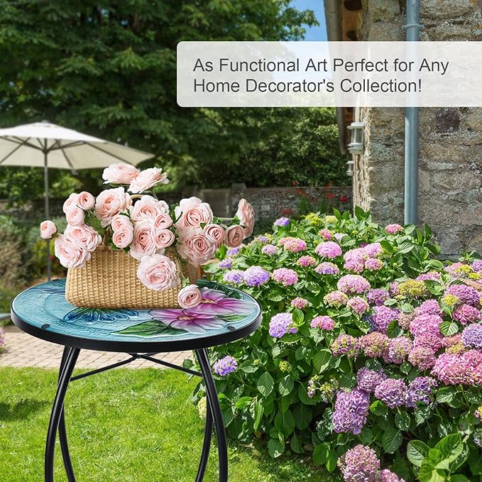 VCUTEKA Patio Side Table Outdoor Accent Table Small Mosaic Table Coffee Table End Table Porch Indoor Outdoor Round Glass Balcony Bistro Hummingbird Flowers 14 inches