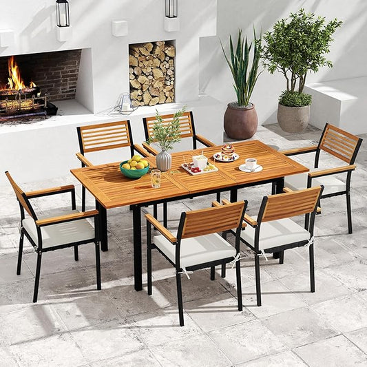 Tangkula 64 Inches Extendable Patio Dining Table for 4-8 People, Acacia Wood Outdoor Slatted Table with 1.97" Umbrella Hole & Metal Leg, Indoor/Outdoor Rectangular Table for Deck Garden Backyard