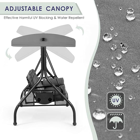 HOMREST 3 Seat Outdoor Porch Swing with 1.5" Deep Cup Holder, Adjustable Canopy,Patio Swing Bed with Stand, Patio Glider Swing with Thicken Cushions, Pillow(Grey)