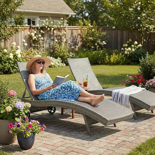 Wicker Outdoor Lounge Chairs with Rolling Wheels, Pool Lounge Chairs Set of 2, Rattan Outdoor Lounger with Pull Out Side Table, Adjustable Backrest Patio Chaise Lounges, Gray