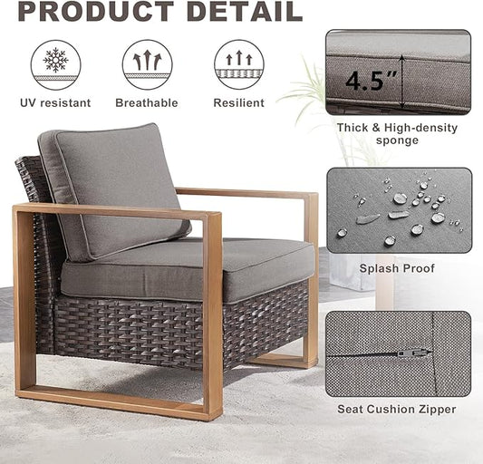 Rilyson Outdoor Wicker Patio Furniture Set - 5 Piece Patio Conversation Set with 2 Wicker Armrest Chairs,2 Rattan Ottoman, 1 Side Table, Sturdy Frame, Thick Cushions, Deep Seating(Brown/Grey)