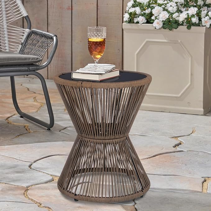 SUNNYPARK Outdoor Side Table 20'' H Small End Tables Woven Rope Weather Resistant with Glass Top Round Coffee Table for Indoor Balcony Patio Poolside (Brown)