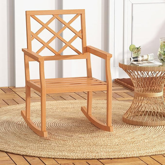 Tangkula Teak Wood Rocking Chair, Oversized Porch Rocker with Backrest and Slatted Seat, Outdoor Rocker Chair for Patio, Backyard and Lawn, 330 LBS Weight Capacity (1, 30 x 23 x 35 Inch)
