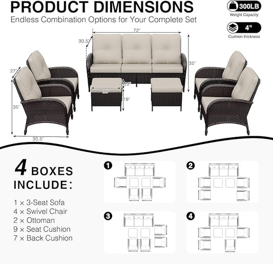 Joyside Wicker Patio Furniture Set, 7 Piece Outdoor Furniture Set with Thickened Cushions, High Back, Deep Seating, Wide Armrest, Rattan Outdoor Chairs for Porch, Deck