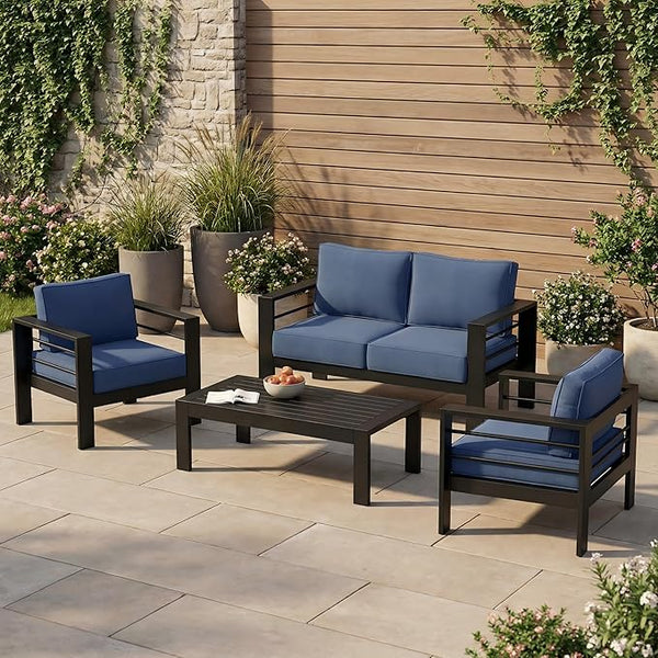 Solaste Aluminum Outdoor Patio Furniture Set, 4 Seats Patio Sectional Sofa with 5" Thick Cushion - Photo 1