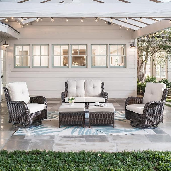 Belord 5 Piece Wicker Patio Furniture Set, Outdoor Swivel Rocker Chairs Set of 2 with Ottomans and Loveseat - Photo 1