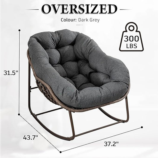 Outdoor Patio Rocking Chair, Oversized Papasan Chair with Cushion and Frame, Comfy Rattan Wicker Egg Chairs Indoor, Modern Lounge Rocker for Front Porch Living Room Bedroom (Dark Grey, Set of 1)