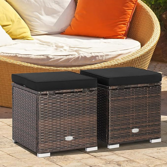 Tangkula 2 Pieces Patio Ottomans, Patiojoy Hand-Woven PE Rattan Side Table with Removable Cushion & Hidden Storage Space, Multifunctional Storage Box, Seat for Patio, Backyard, Poolside (Black)