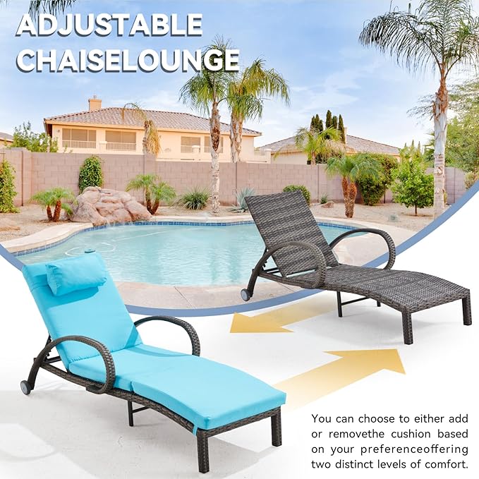 Pool Outdoor Lounge Chairs Set of 2,Outdoor Chaise Lounge w/ 5 Adjustable Back,Wicker Patio Pool Lounge Chair with Wheels for Poolside Deck Lawn,Lake Blue
