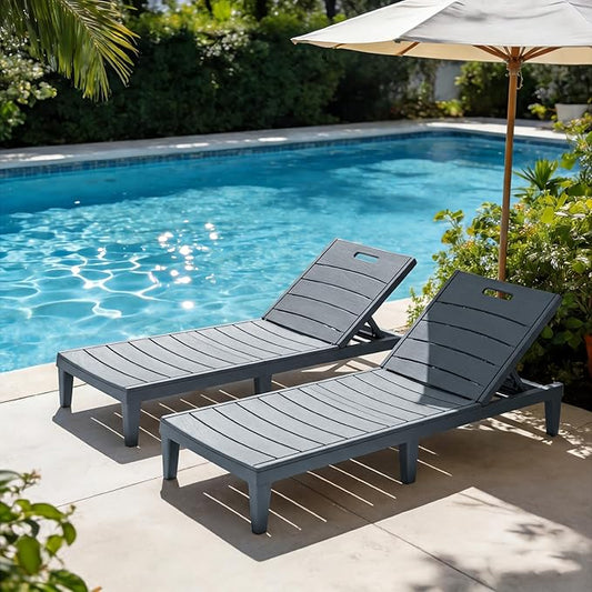 Greesum Outdoor Chaise Lounge Chair Set of 2, Waterproof 5-Position Adjustable PP Sun Loungers for Patio, Poolside, and Beach Sunbathing, Gray