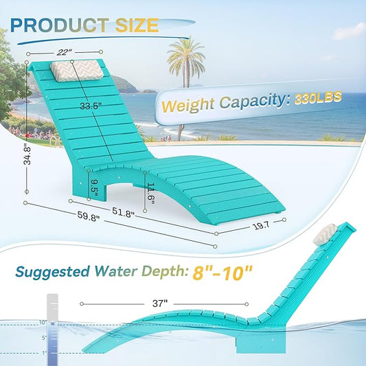 Pool Lounge Chairs Outdoor,HDPS Long Pool Chairs for in Pools, Weighted All Weather Tanning Chair with Headrest,Chaise Lounge for Outside Beach Patio Sun Bathing Hotel, Aruba Blue