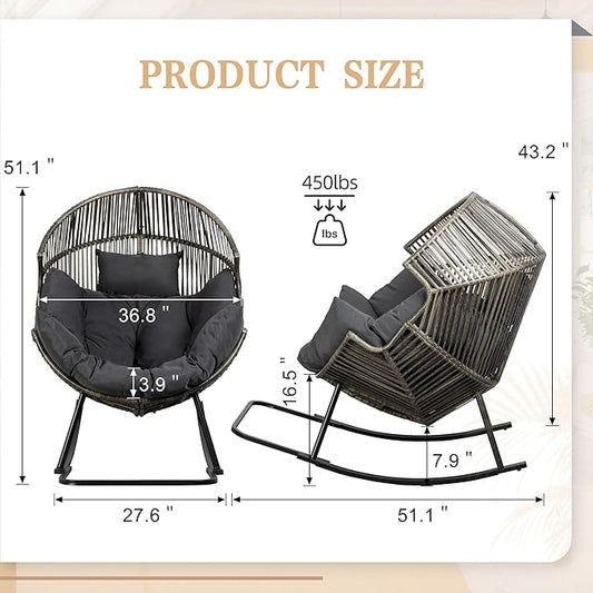 Vongrasig Wicker Rocking Egg Chair PE Rattan with Cushion, Oversized Patio Lounge Rocker Chair for Outdoor, Indoor, Balcony, Backyard, Garden, Black/Rattan