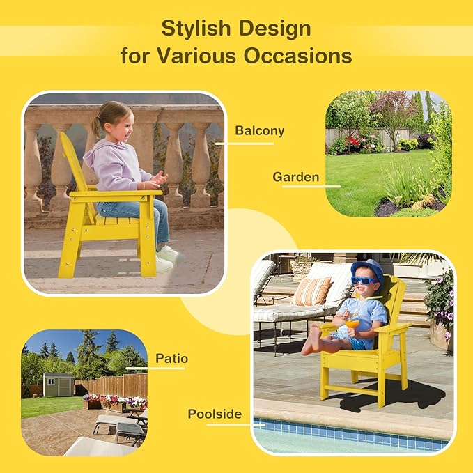 Giantex Adirondack Chair, Kids HDPE Patio Lawn Chair with Ergonomic Backrest for Deck, Porch, Backyard, Poolside, Indoor, Weather Resistance Toddler Outdoor Chair (4, Yellow)