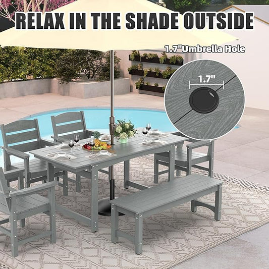 67" Outdoor Dining Table with Umbrella Hole, HIPS All-Weather Rectangular Patio Table for Outdoor/Indoor Use, Grey