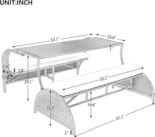 57.1" 2-in-1 Convertible Picnic Upholstered Bench Table, Outdoor Loveseat Picnic Table Couch, Foldable to 4 Seats & 1 Table, Multifunctional Patio Seating for Garden Lawn Backyard Porch(grey)