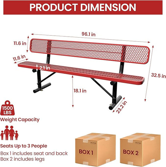 8 Feet Steel Park Bench for Outside, Outdoor Bench with Backrest & Portable Frame, Commercial Benches for Shopping Malls, Stores, Parks, Patios, Decks, Red