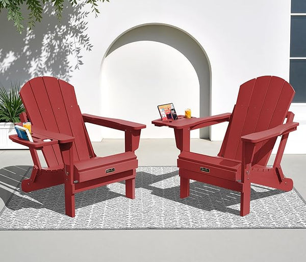 SERWALL Folding Adirondack Chair Set of 2, Outdoor Adirondack Chairs with 4 in 1 Cup Holder, Wood Texture Patio Chairs - Photo 1