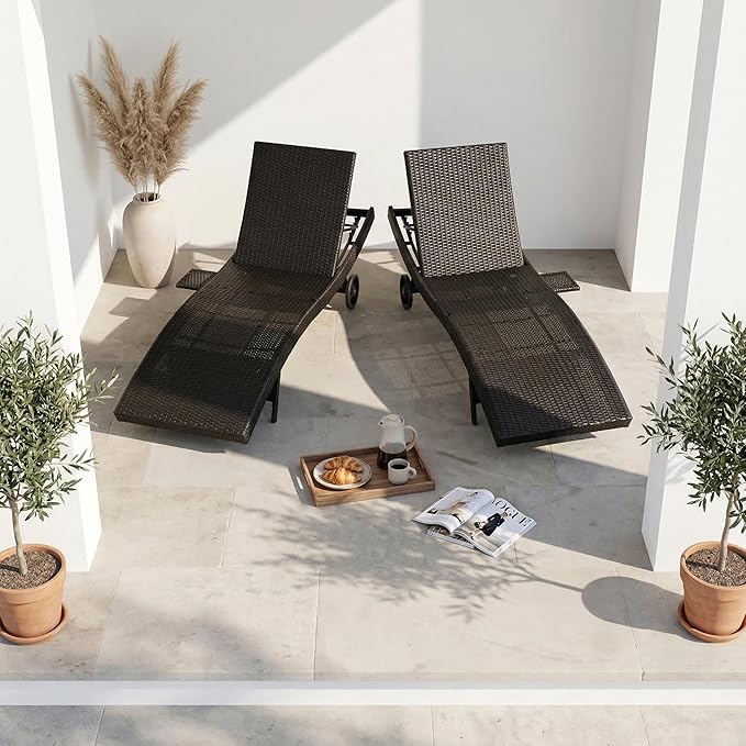 Outdoor Wicker Patio Chaise Lounge Chair with Wheels Set of 6, Black&Brown Rattan Pool Furniture Lounger for Outside Poolside Lounges, Jumbo Co Chaise Lounge Chairs, Wicker Patio Pool Furniture