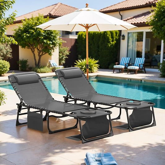 Devoko Beach Lounge Chair, Outdoor Sun Tanning Chair with Face Hole, Heavy Duty Folding Portable Lay Chaise Lounge Chairs for Outside Beach Pool Camping Patio, Gray