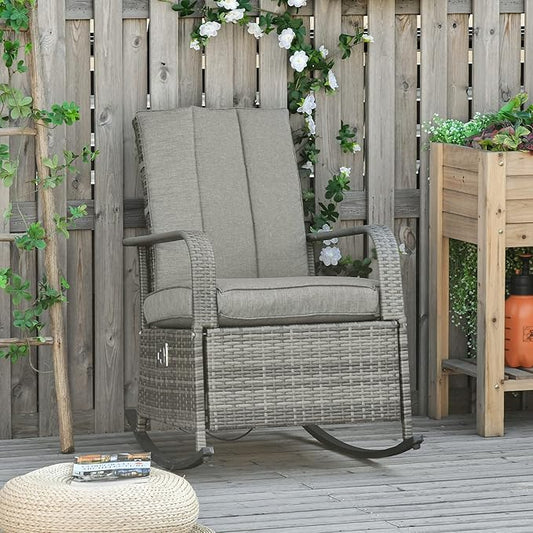 Outsunny Wicker Outdoor Rocking Chair, Patio Recliner with Adjustment Backrest, PE Rattan Lounge Chair with Adjustable Footrest and Cushions for Garden, Backyard, Porch, Gray