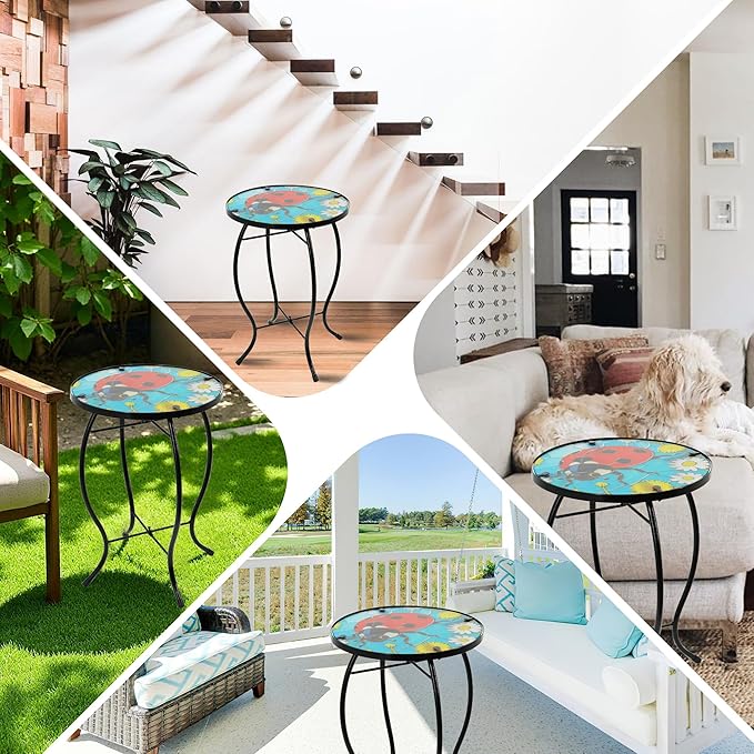 Small Side Table with Metal Frame, 10.5" Round Side Tables with Seven-Spotted Ladybug Pattern,Outdoor Table for Balcony,Terrace,Garden,Living Room