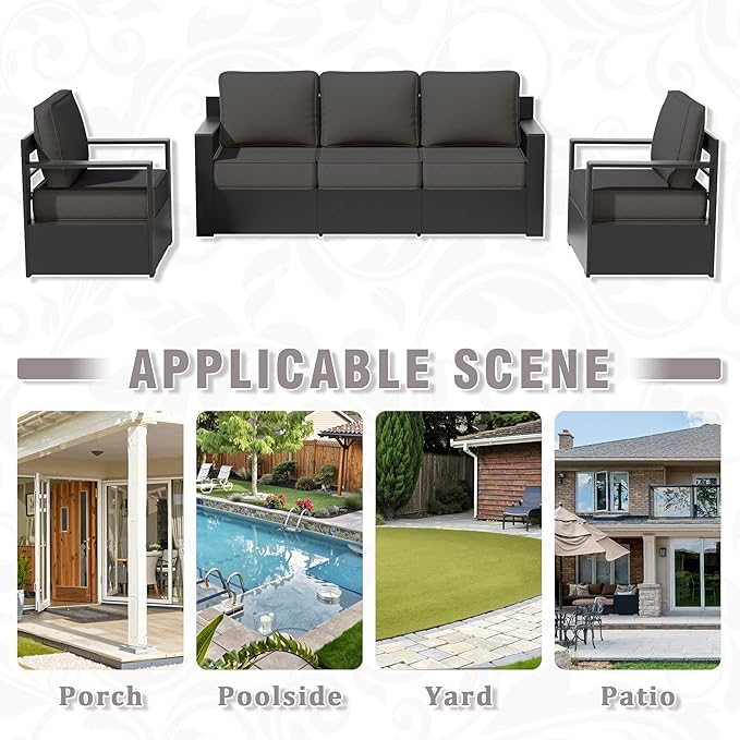 Outdoor Aluminum Furniture Set, 3-Piece Patio Conversation Set, 2 Chairs and 1 Sofa, All-Weather Metal Frame, 6" Thick Removable Cushions, Deep Setting for Garden, Poolside and Porch