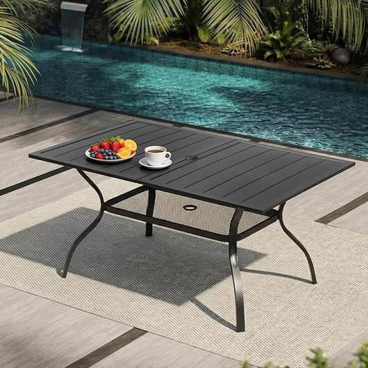 VINGLI 59" Rectangle Patio Table for 6, Metal Outdoor Dining Table with Umbrella Hole, All-Weather Steel Patio Dining Table Outdoor Table for Lawn, Garden, Backyard, Black (L59 xW35)