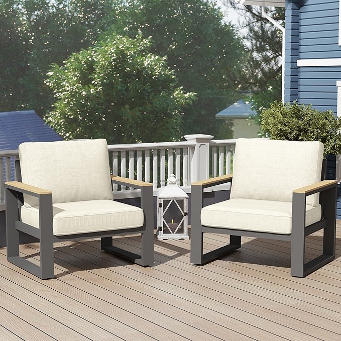 RoyalCraft Aluminum Outdoor Patio Chair, 2 Pieces All-Weather Metal Patio Sofa with Height-Adjustable Feet, Outdoor Chairs for Patio Porch Garden, Beige