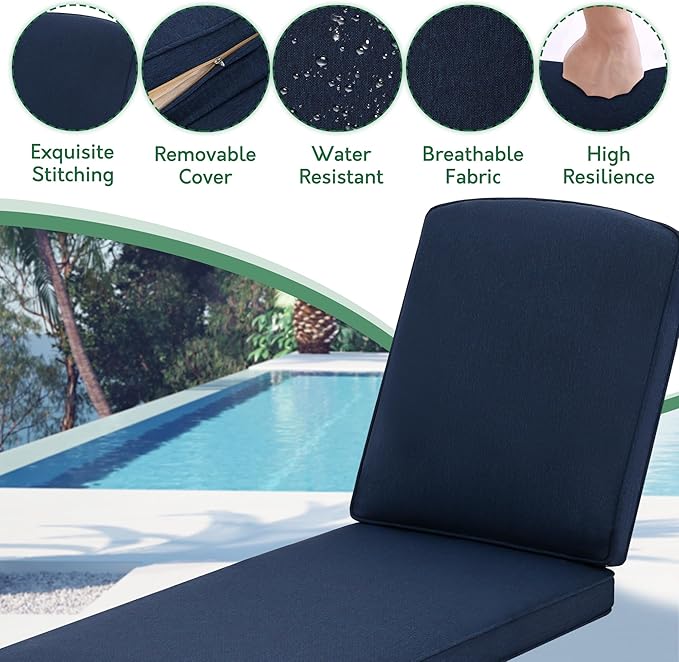 Chaise Lounge Chair Outdoor- Patio Pool Chairs Tanning Lounges for Outside Beach Lounger Cast Aluminum Set of 2 Reclining Navy Blue with Side Table
