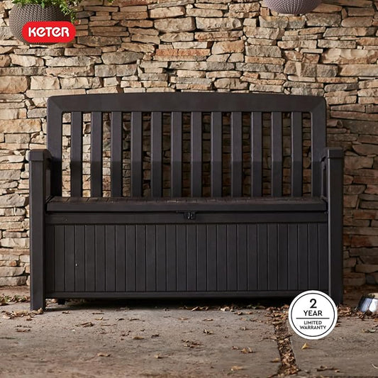 Keter 60 Gallon Storage Bench Deck Box for Patio Furniture, Front Porch Decor and Outdoor Seating – Perfect to Store Garden Tools