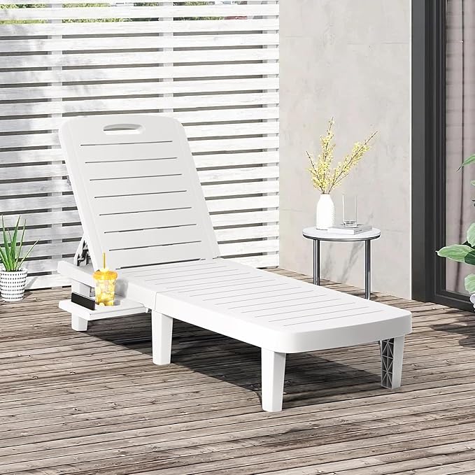Outdoor Chaise Lounge Set of 4, Waterproof Resin Lounge Chairs for Outside w/Adjustable 5 Positions All Weather Recliner Chair for Patio, Poolside, Beach, Yard, White