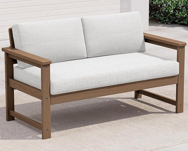 SERWALL HDPE Outdoor Loveseat with Cushions, All Weather Use Outdoor Loveseat Sofa, Brown Frame/Khaki Cushion - Photo 1
