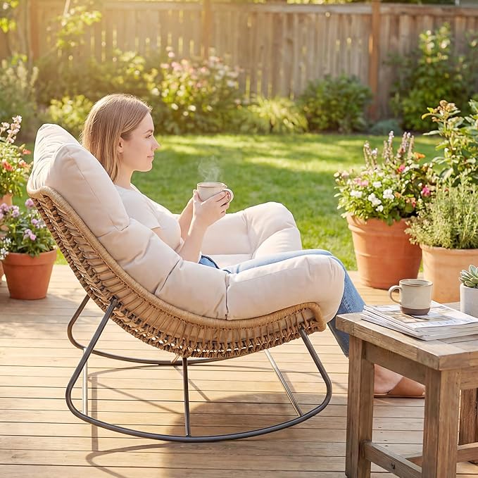 Outsunny Double Papasan Rocking Chair, Wicker Oversized Indoor Outdoor Rocking Chair with Cushion, PE Rattan Padded Outdoor Rocker Egg Chairs for Living Room, Garden, Patio, Balcony, Cream White