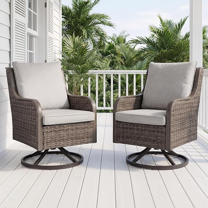 Loungewave Swivel PE Wicker Chair Set of 2, Outdoor High Back Swivel Patio Chairs, 360 Degree Outdoor Swivel Chair with Cushion, Patio Furniture for Porch Balcony Garden Poolside (Brown/Beige)