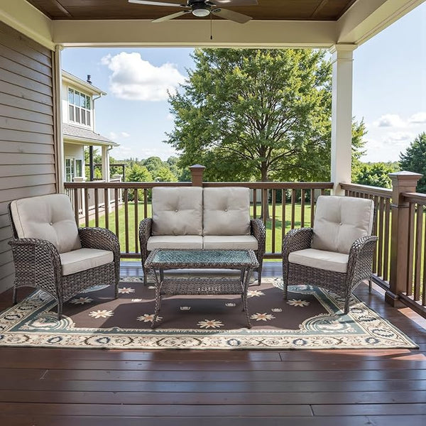 Belord Outdoor Wicker Loveseat Furniture Set of 4 with Coffee Table for Porch Deck Balcony - Photo 1