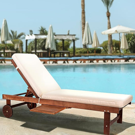 JONATHAN Y PAT1003B Seabrook 69 x 24 Inch Outdoor Acacia Wood Lounger with Cushion, 5-Position Back, Slide Table & Wheels for Garden, Lawn, Backyard, Pool, Deck, Beach, Firepit, Light Brown