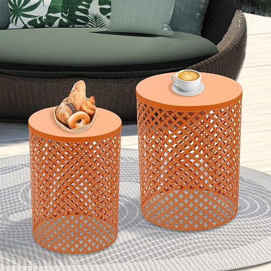 2PCS Outdoor Side Table, Heavy Duty Metal Frame Side Table Decorative Garden Stool Modern End Table Round Coffee Table for Patio Gardens Balconies Cafes (Orange)