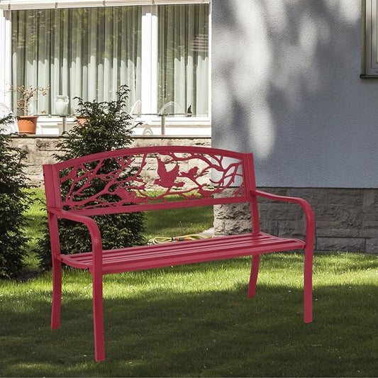 Giantex 50”Outdoor Bench with Cast Iron Backrest & Ergonomic Armrest,600 lbs Steel Metal Frame, Garden Bench for Park Front Porch Patio Lawn Backyard Balcony Path Entryway Deck, Red Bird Pattern
