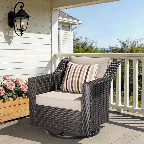 Outdoor Furniture Swivel Chair, Patio Glider Wicker Rocker Seating with Cushions for Porch Deck Balcony (Beige) - Photo 1