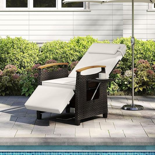 HAPPYGRILL Outdoor Rattan Wicker Chaise Lounge Recliner Chair with Adjustable Backrest & Footrest, Push Back Outside Seat w/Cushion & Flip Table for Backyard, Porch, Balcony (Off White,2)