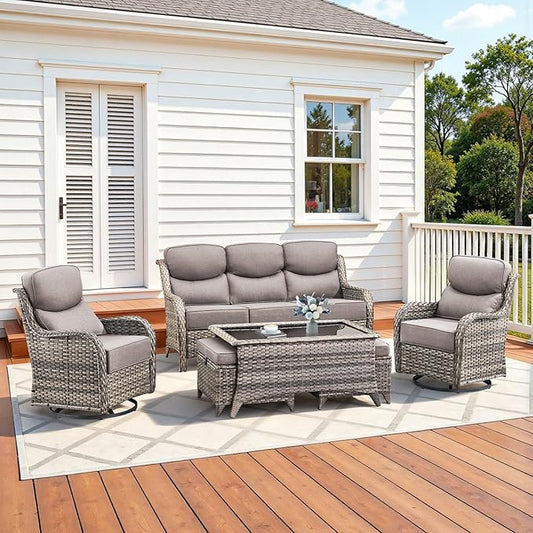 Luxury High Back Patio Furniture Set with 6-Inch Thick Cushions, 6-Pieces Outdoor Furniture with Swivel Chairs, Wicker Conversation Set for Porch, Balcony, Deck and Yard, Grey