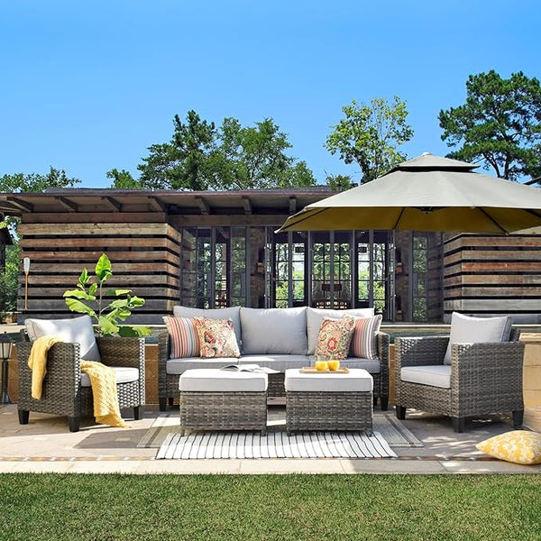 ovios Patio Furniture Set, 5 Pieces Outdoor Wicker Sofa Couch with Ottomans Comfy Cushions - Photo 1