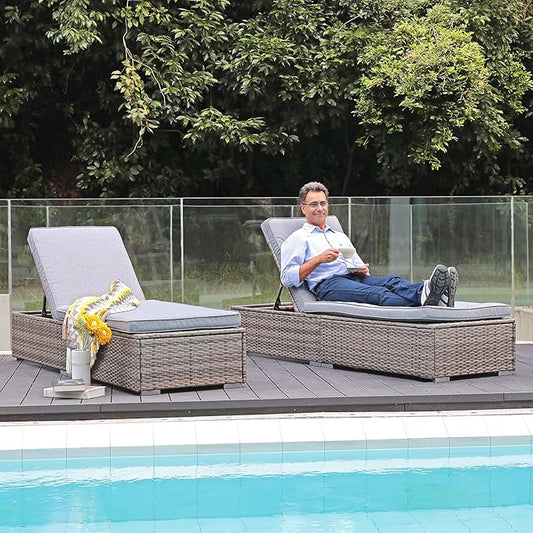 Patiorama Outdoor Patio Chaise Lounge Chair, Elegant Reclining Adjustable Pool Rattan Chaise Lounge Chair with Cushion, Grey PE Wicker, Steel Frame,Light Grey, Set of 4