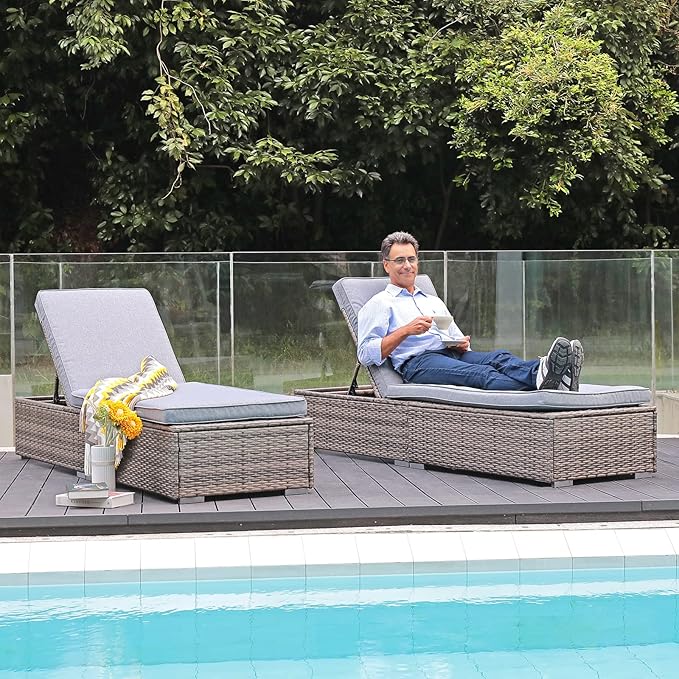 Patiorama Outdoor Patio Chaise Lounge Chair, Elegant Reclining Adjustable Pool Rattan Chaise Lounge Chair with Cushion, Grey PE Wicker, Steel Frame, for Deck, Poolside, Backyard (Light Grey)